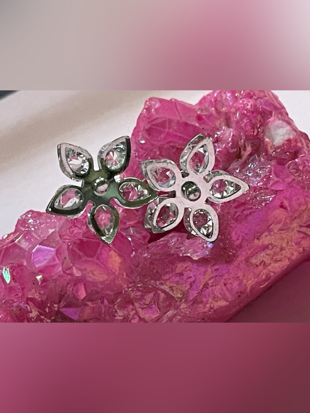 Silver Tone Crystal Flower Pierced Earrings #9913